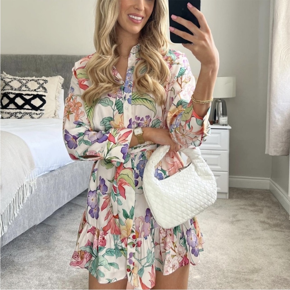 New Zara Floral Belted Long Sleeves Dress